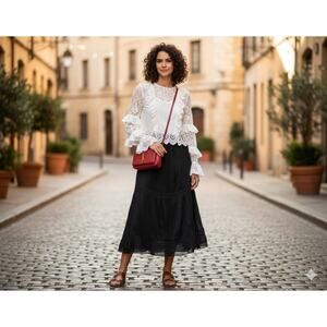 Black Silk midi Skirt textured vertical Stripe ruffle Whimsy Goth Witchy Size 2p